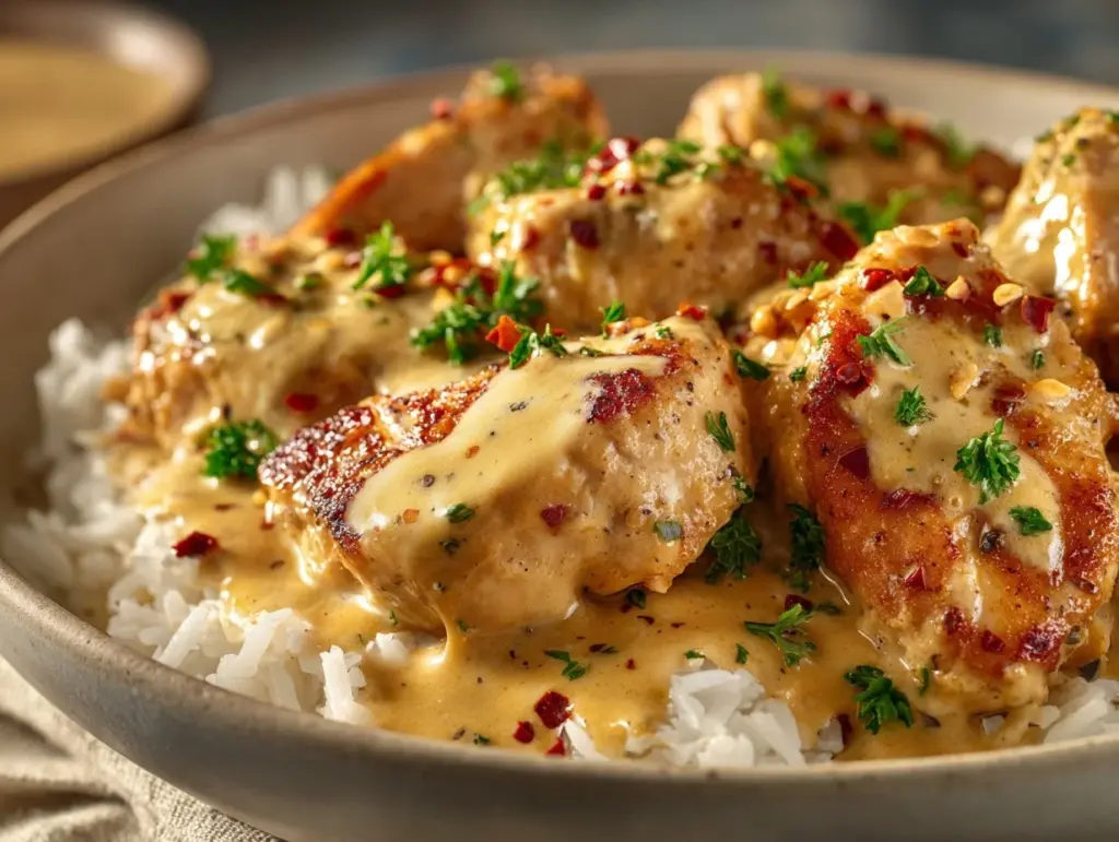 creamy smothered chicken and rice - featured image