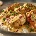 creamy smothered chicken and rice - featured image
