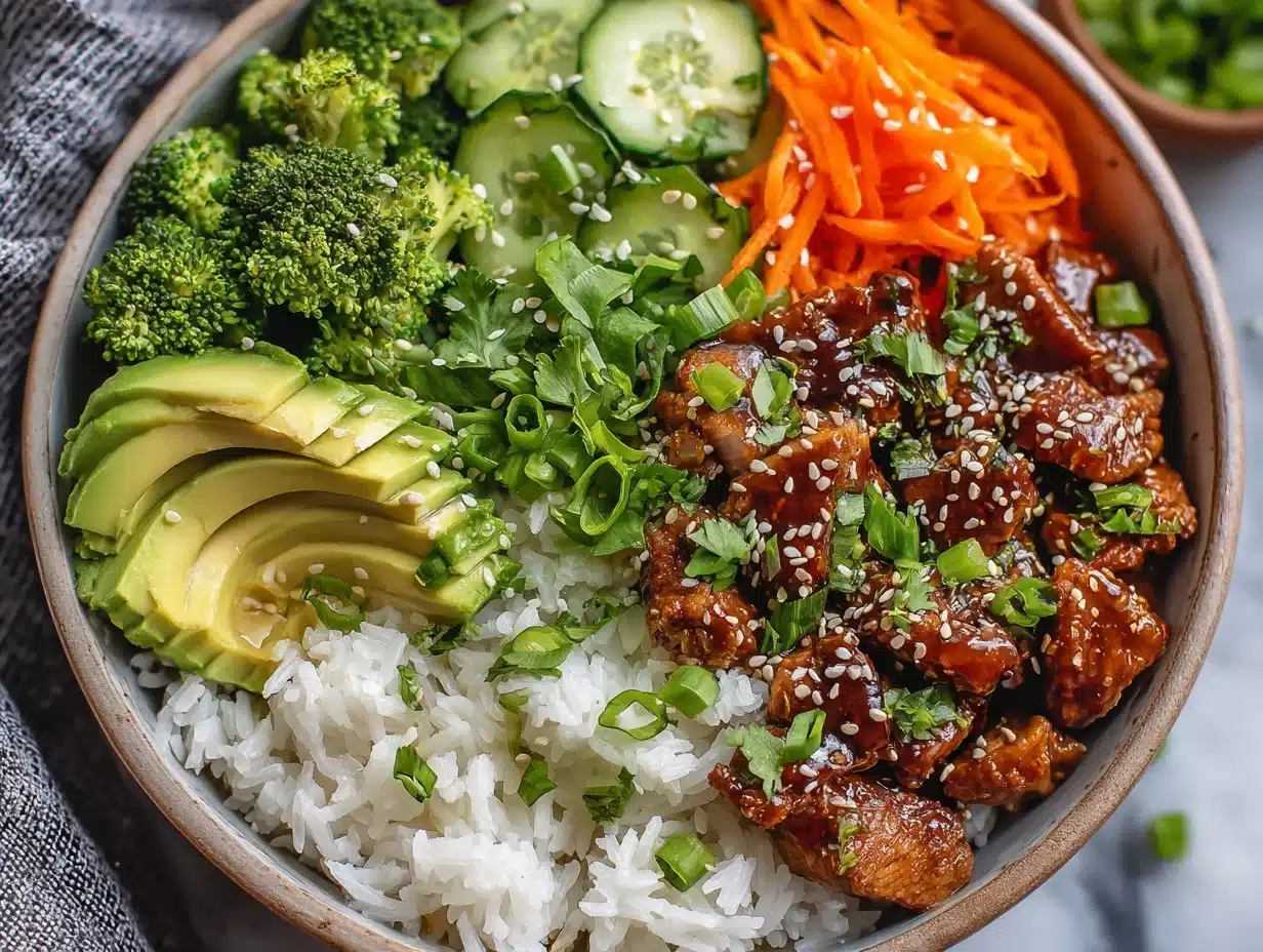 sticky chicken rice bowls - featured image