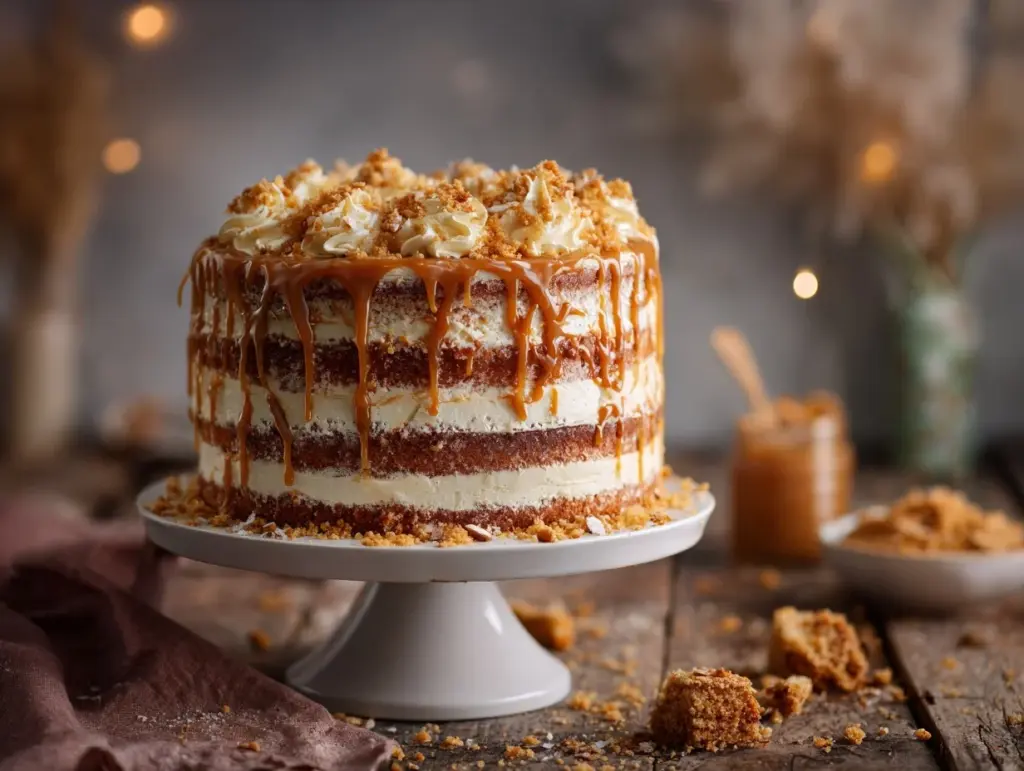 caramel crumble layer cake - featured image
