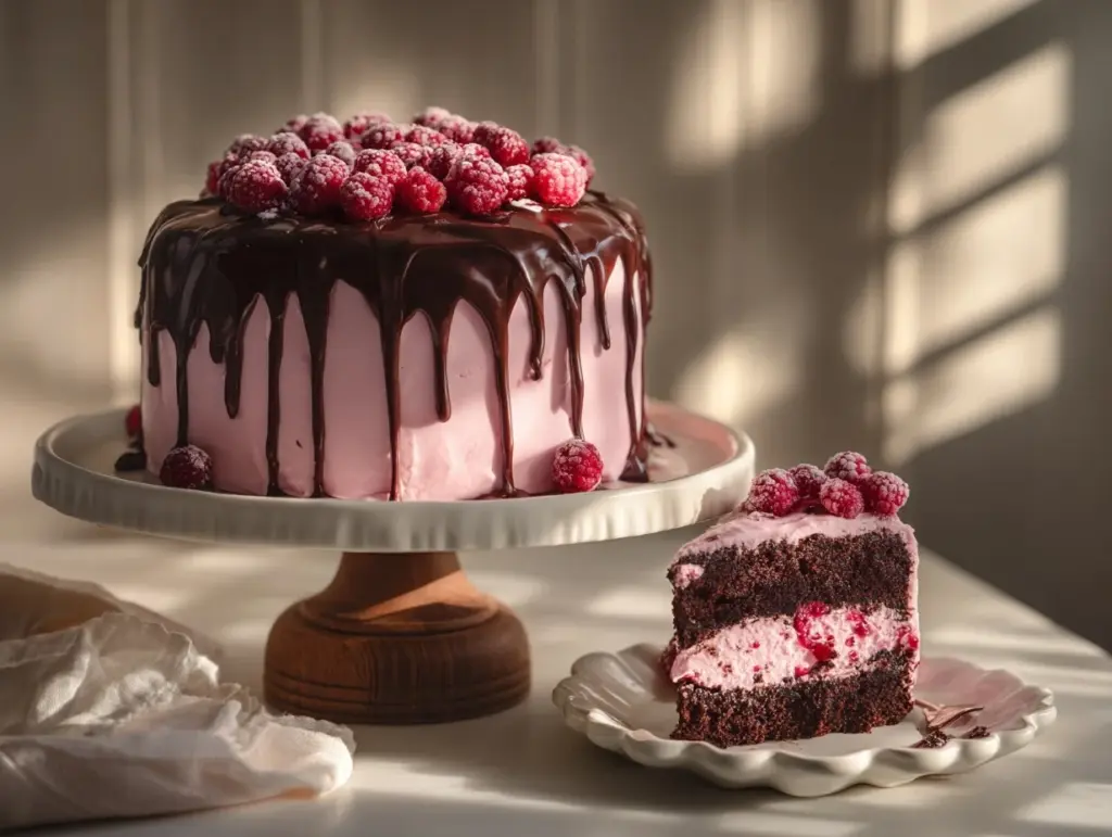 dark chocolate raspberry drip cake - featured image
