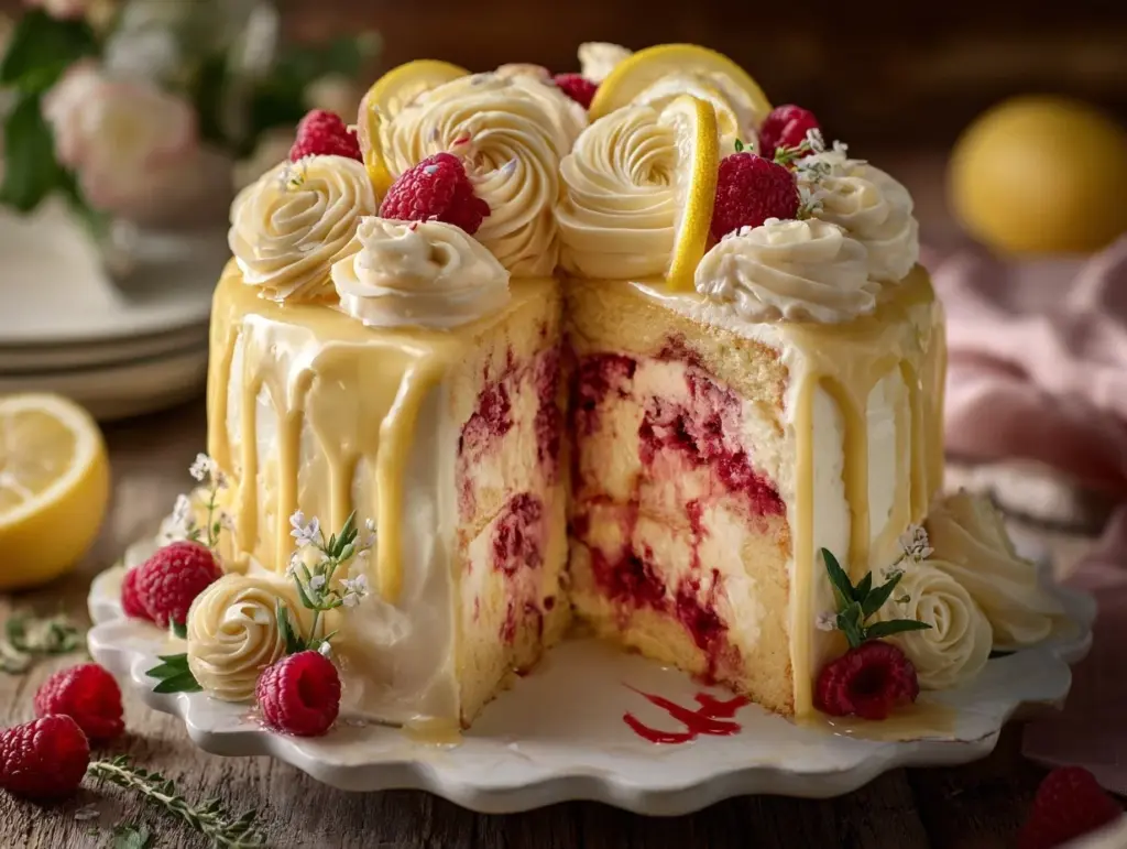 Lemon Raspberry Cheesecake Cake - featured image
