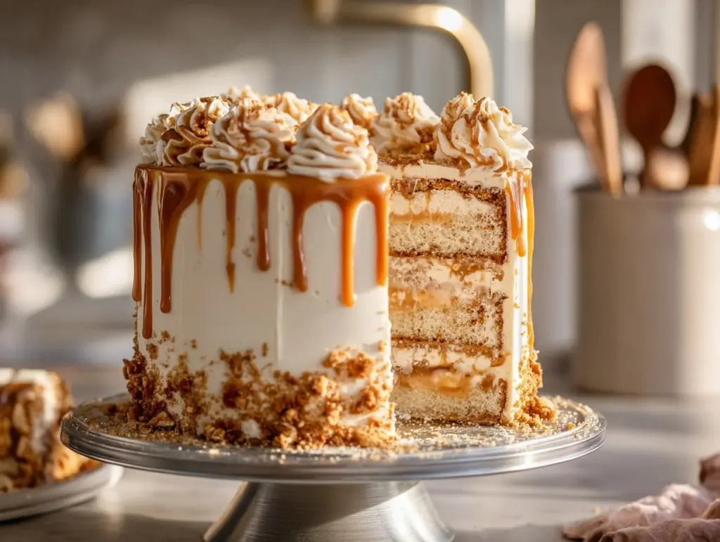 salted caramel cookie butter cake - featured image