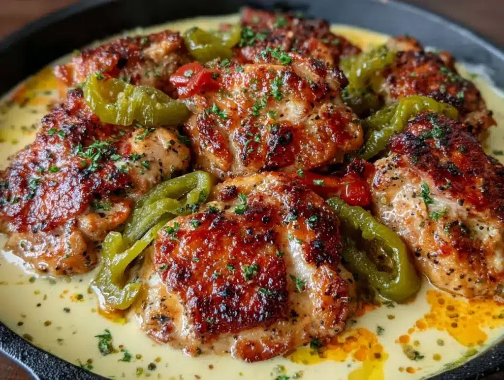creamy pepperoncini chicken skillet - featured image