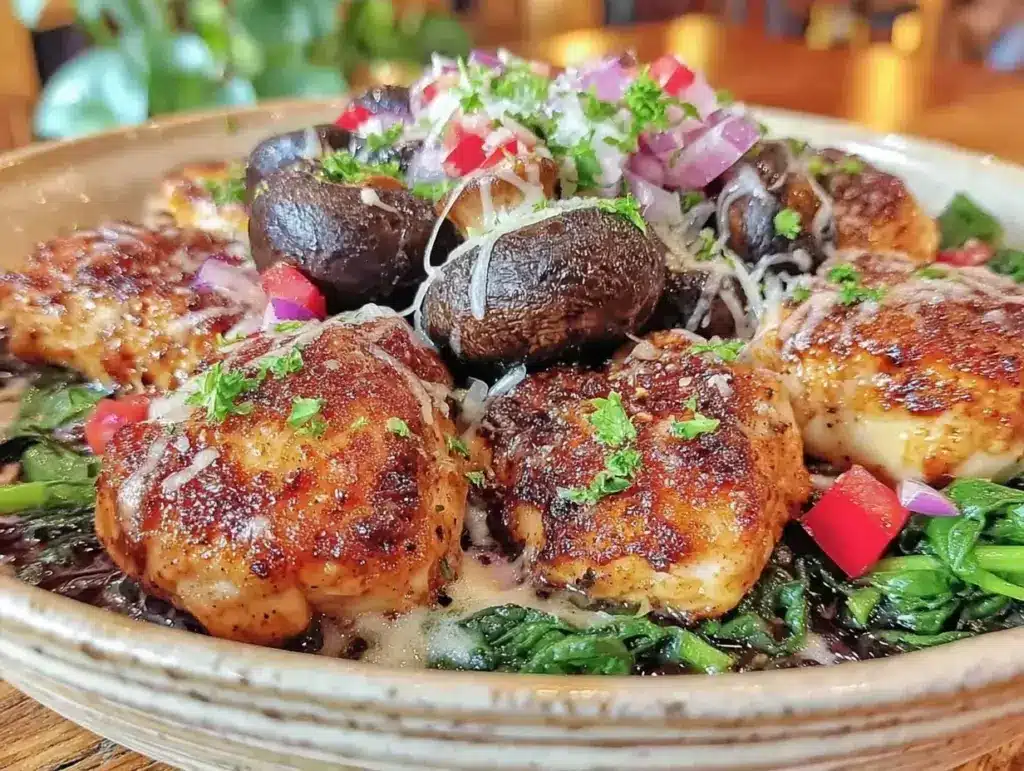 healthy chicken spinach mushroom dinner - featured image