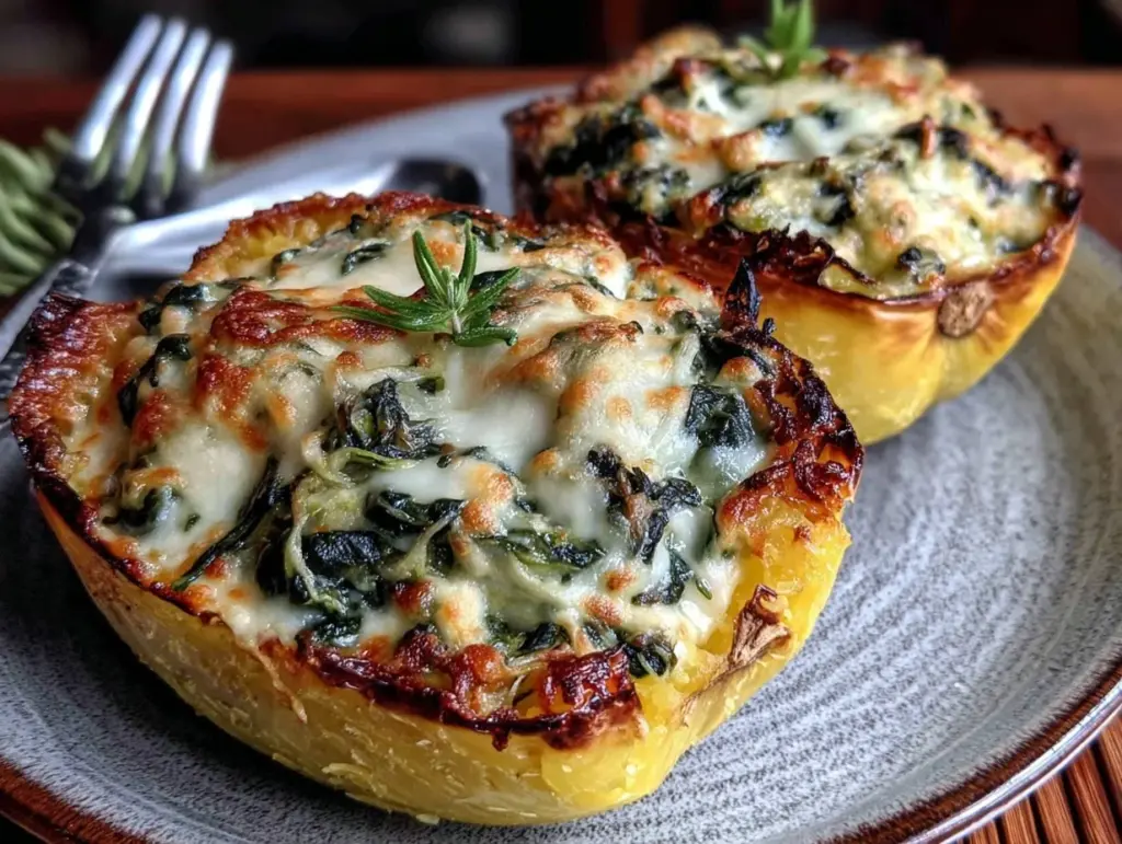 spinach and artichoke stuffed spaghetti squash - featured image