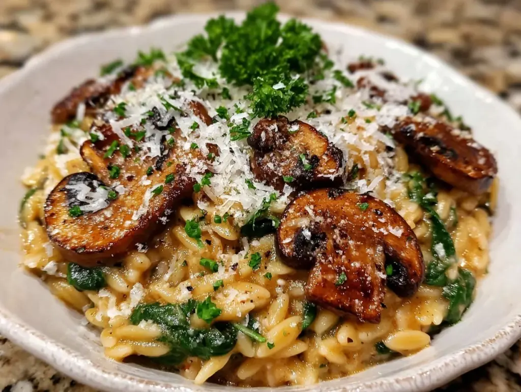 spinach mushroom orzo - featured image
