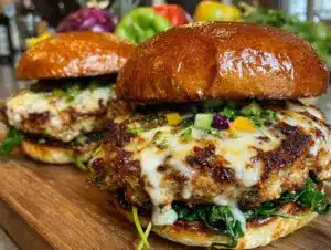 white cheddar spinach chicken burgers - featured image