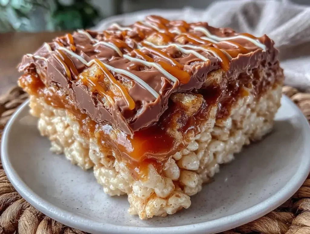 chocolate caramel rice krispie squares - featured image