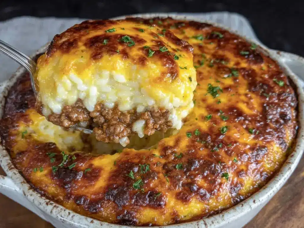 savory cheesy hamburger rice casserole - featured image
