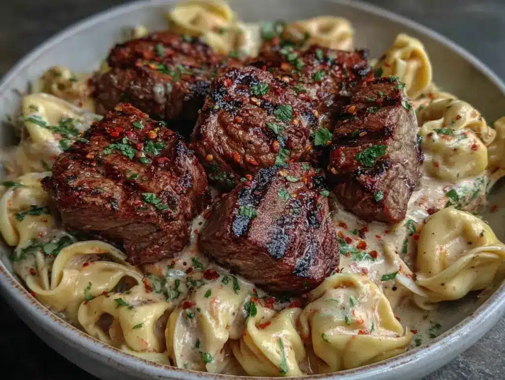 creamy garlic steak tortellini - featured image