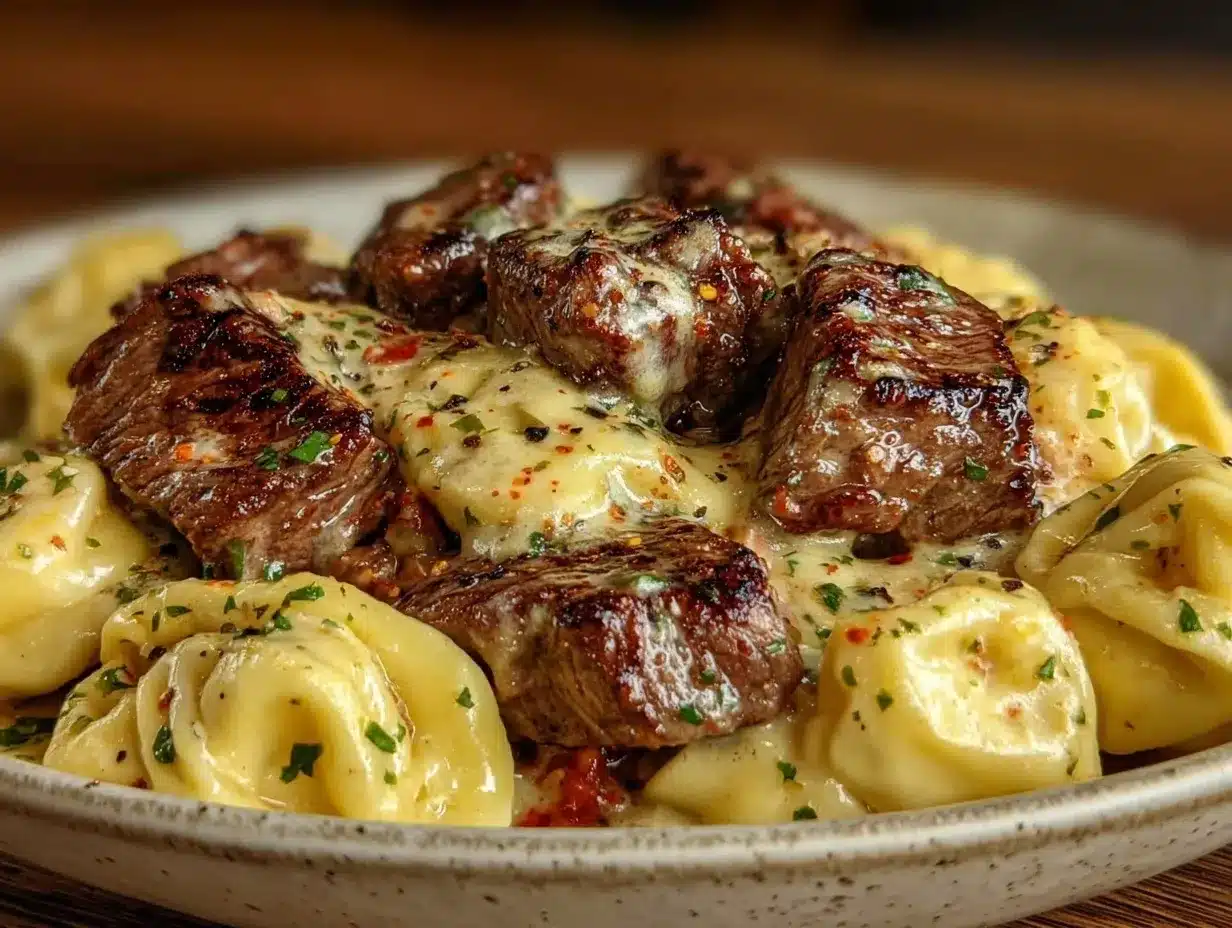 creamy garlic steak tortellini preparation steps
