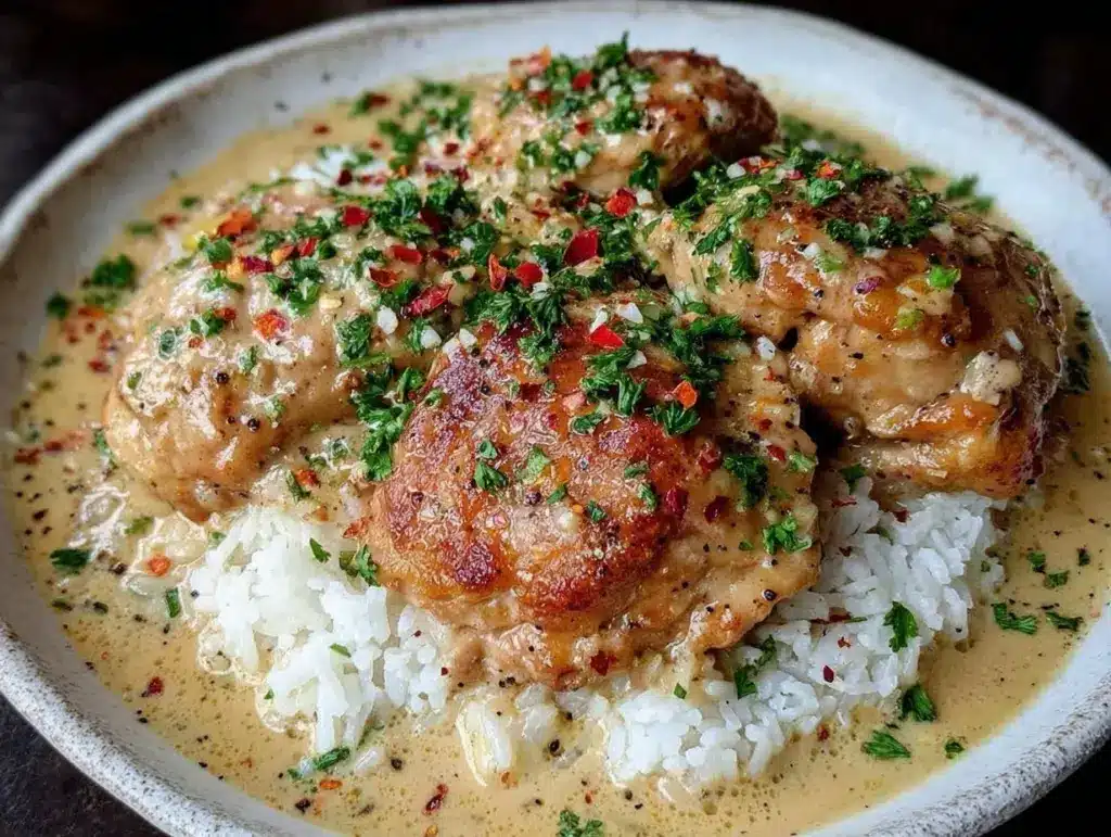 creamy smothered chicken and rice - featured image