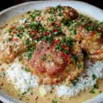 creamy smothered chicken and rice - featured image