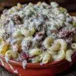 crock pot cheesy beefy mac casserole - featured image