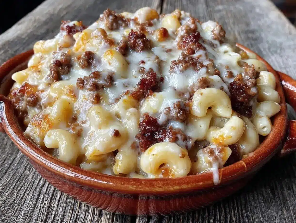 crock pot cheesy beefy mac casserole preparation steps