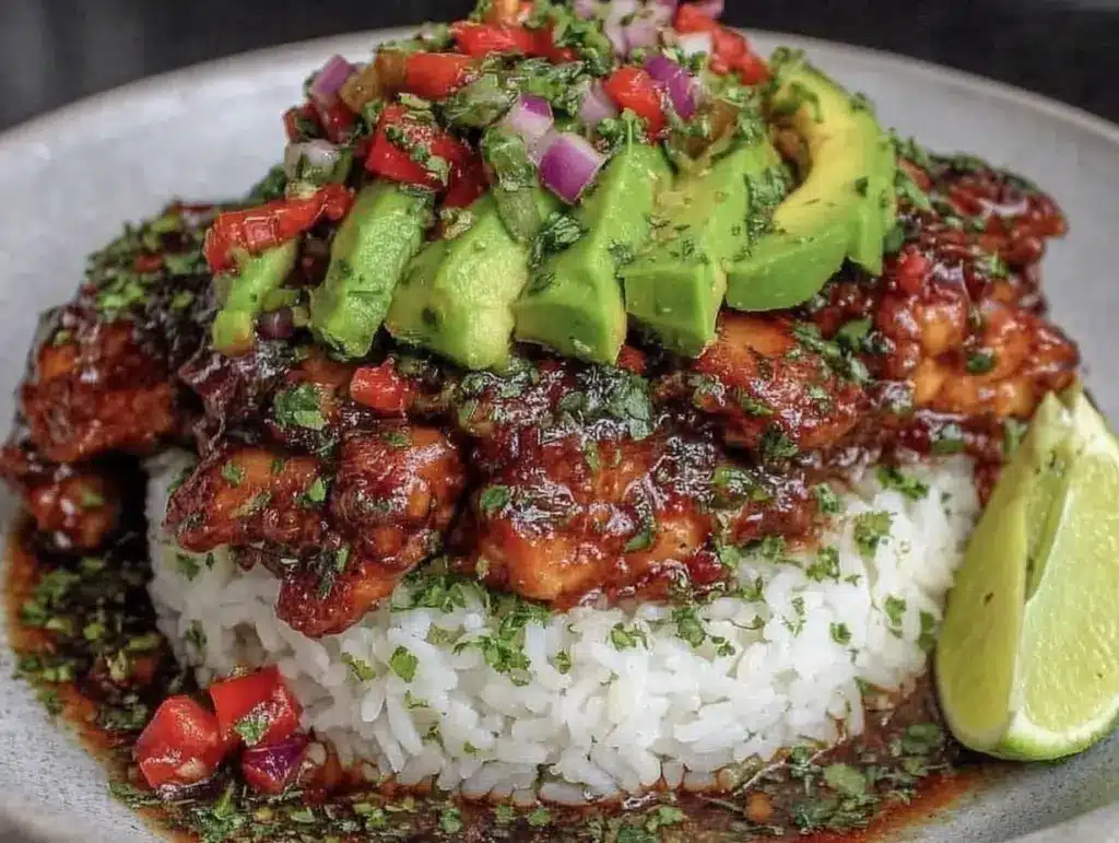 honey lime chicken avocado rice stack - featured image
