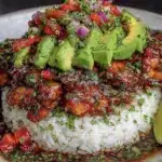 honey lime chicken avocado rice stack - featured image