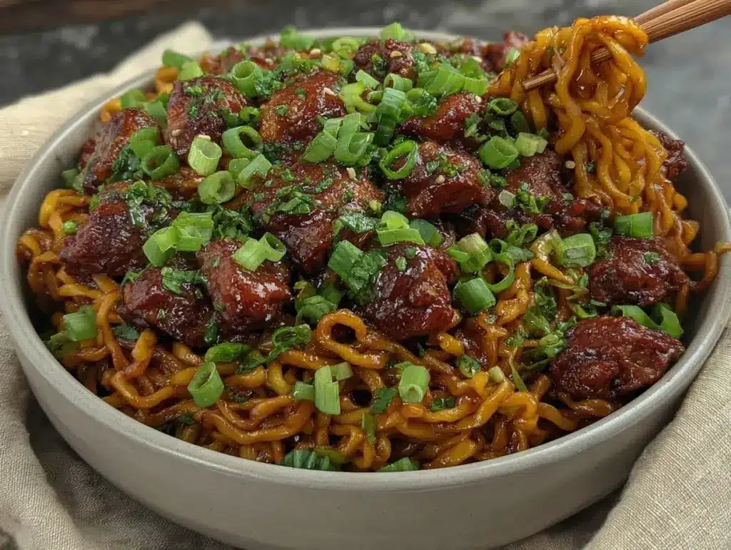 sticky garlic chicken noodles - featured image