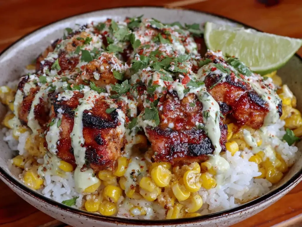 street corn chicken rice bowl - featured image