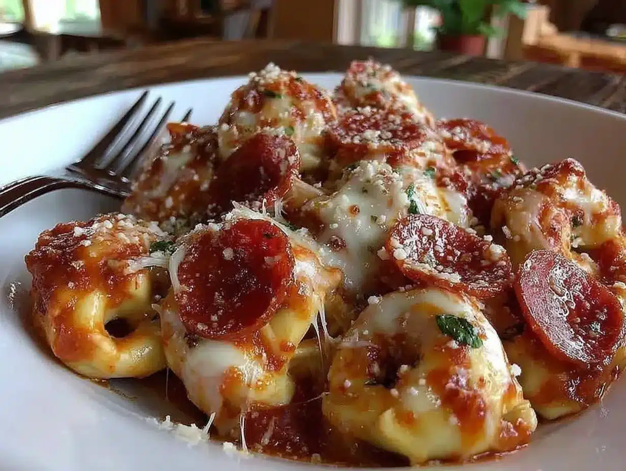 cheesy baked pizza tortellini preparation steps