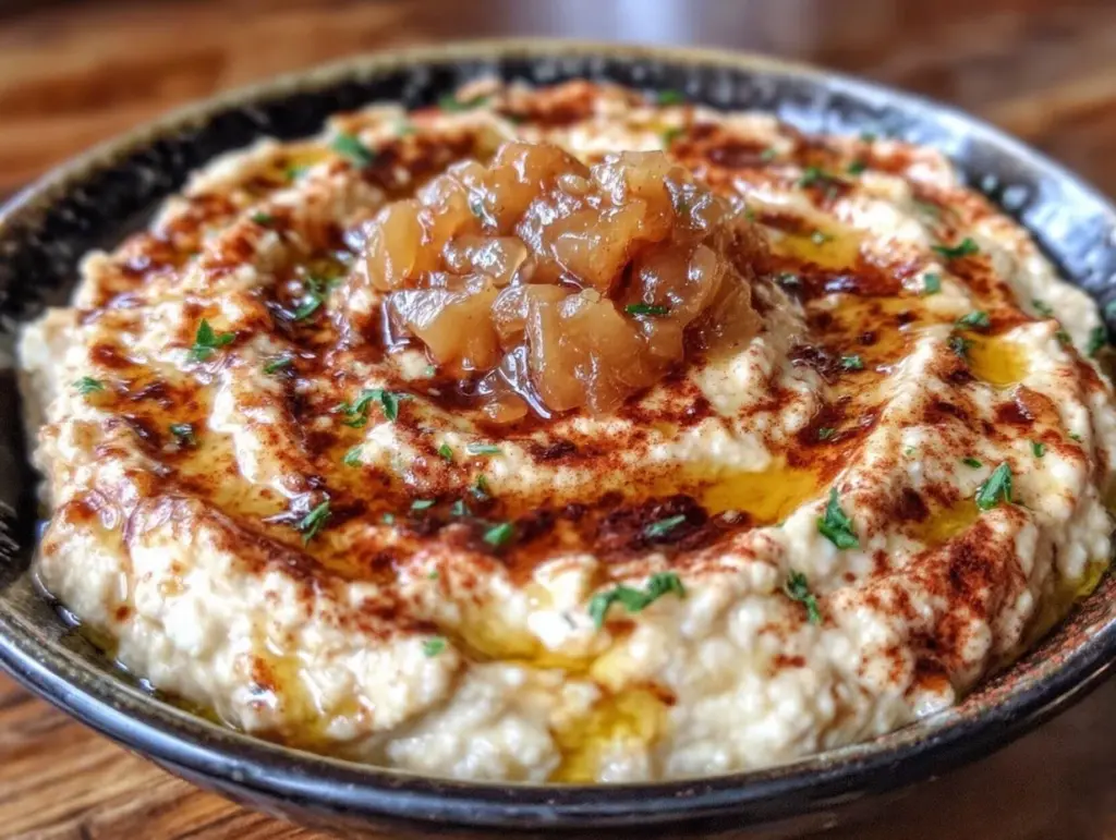 creamy caramelized onion hummus - featured image