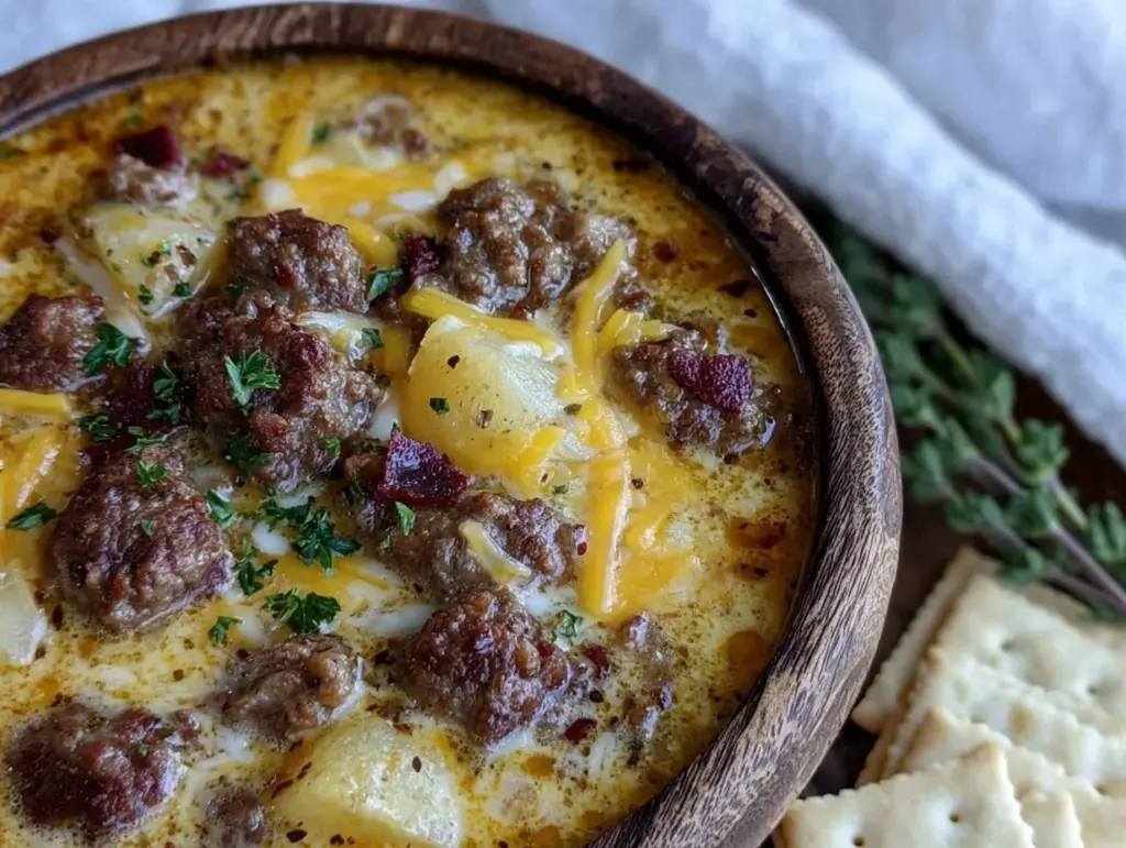 creamy slow cooker hamburger potato soup - featured image
