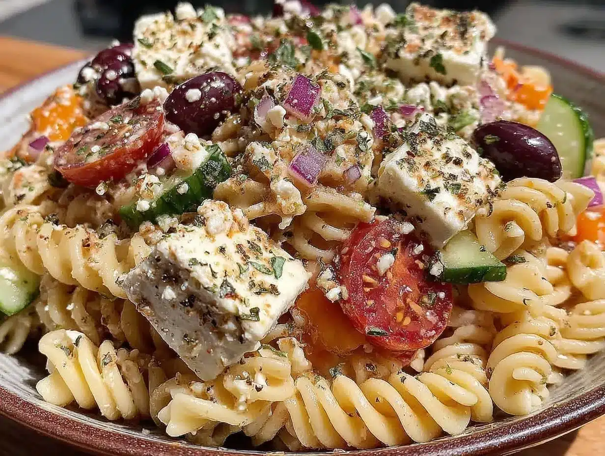 chopped Greek pasta salad preparation steps
