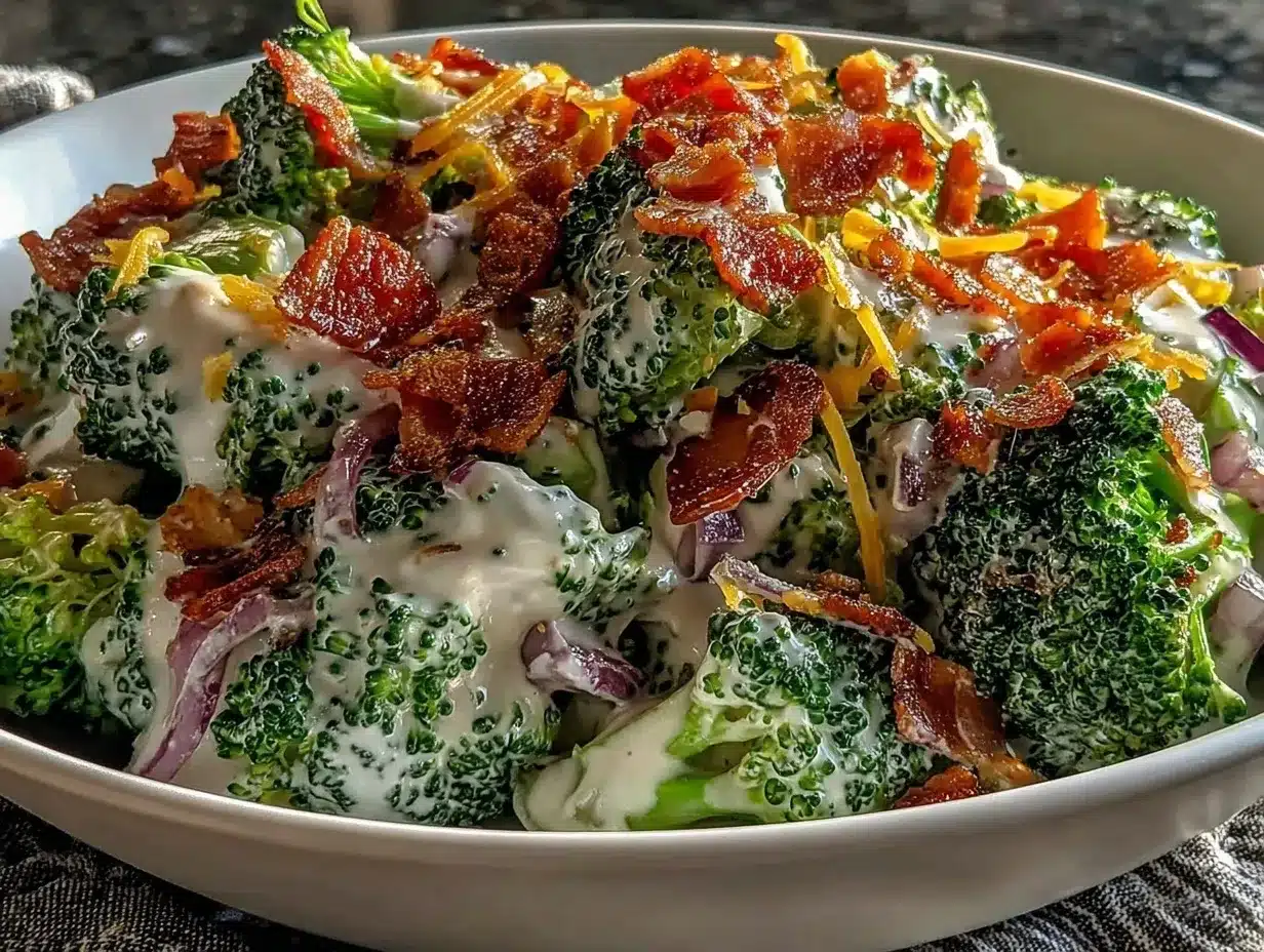 creamy broccoli salad with crispy bacon preparation steps