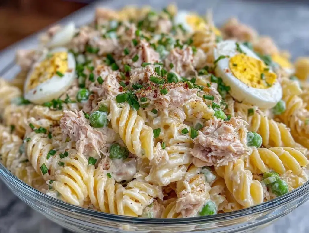 creamy tuna egg pasta salad - featured image