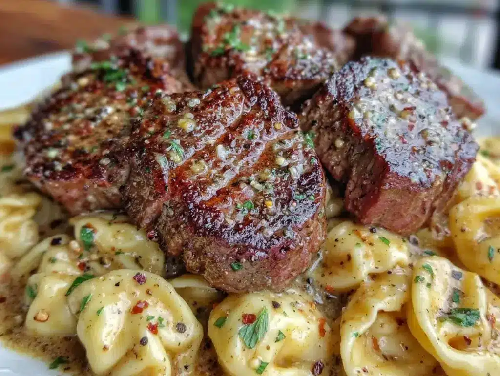 garlic butter steak Alfredo tortellini - featured image