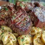 garlic butter steak Alfredo tortellini - featured image