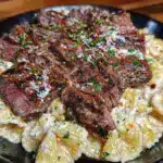 garlic parmesan steak rigatoni pasta - featured image