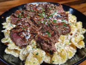garlic parmesan steak rigatoni pasta - featured image