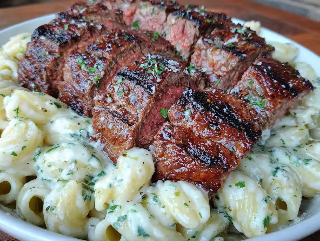 garlic parmesan steak rigatoni pasta preparation steps