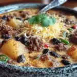 hearty cowboy soup with cheddar cheese - featured image