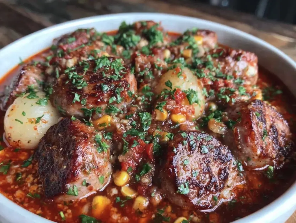 hearty cowboy stew with sausage and corn - featured image