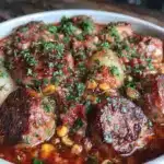 hearty cowboy stew with sausage and corn - featured image