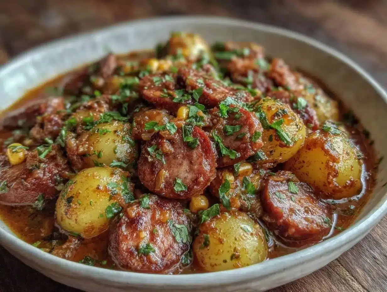 hearty cowboy stew with sausage and corn preparation steps