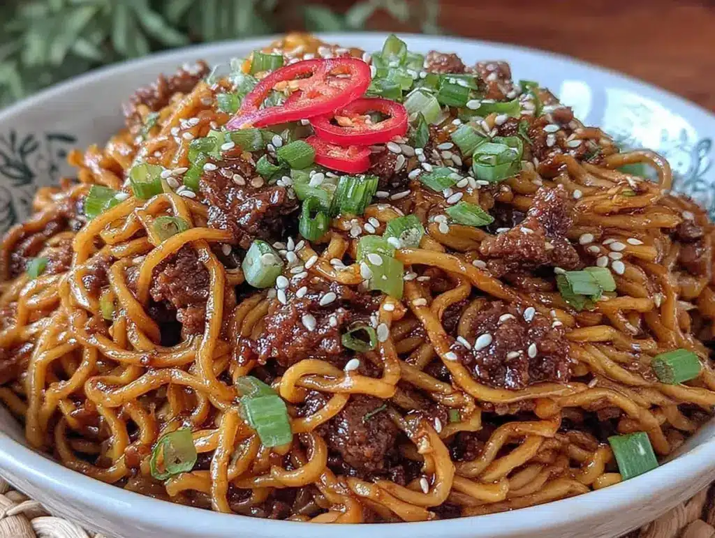 juicy ground beef mongolian noodles recipe - featured image