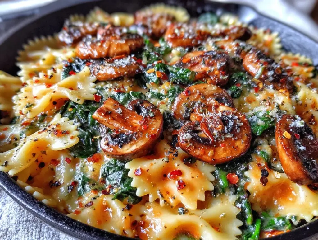 one-skillet Parmesan spinach mushroom pasta - featured image