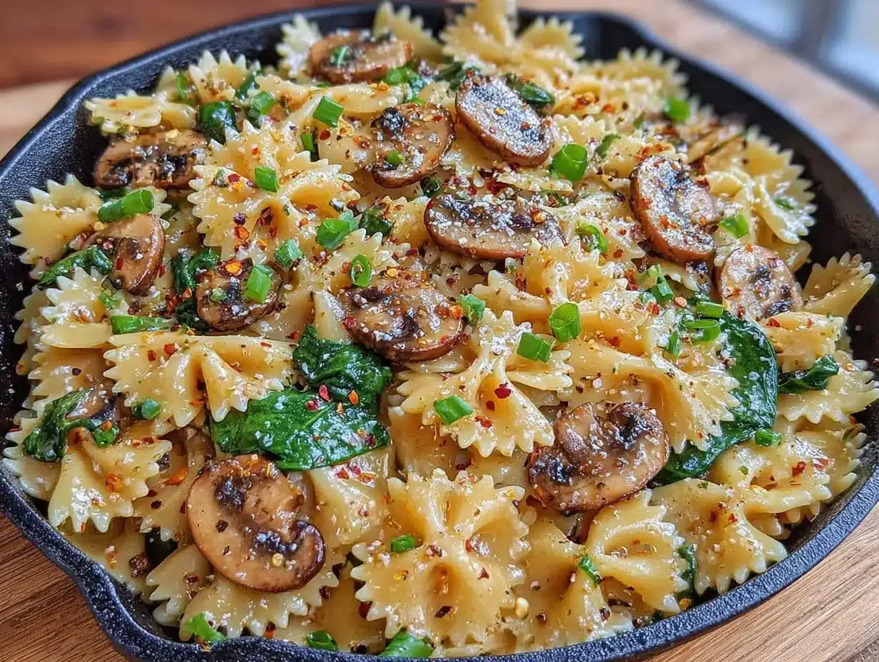 one-skillet Parmesan spinach mushroom pasta preparation steps