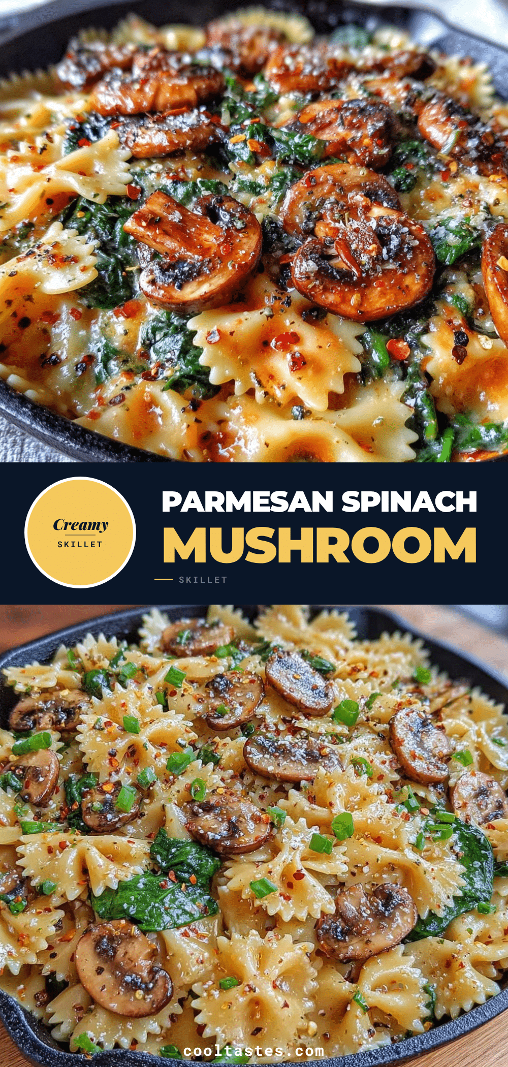 one-skillet Parmesan spinach mushroom pasta recipe