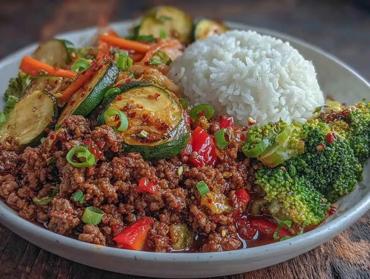 spicy ground beef stir-fry bowl meal prep preparation steps