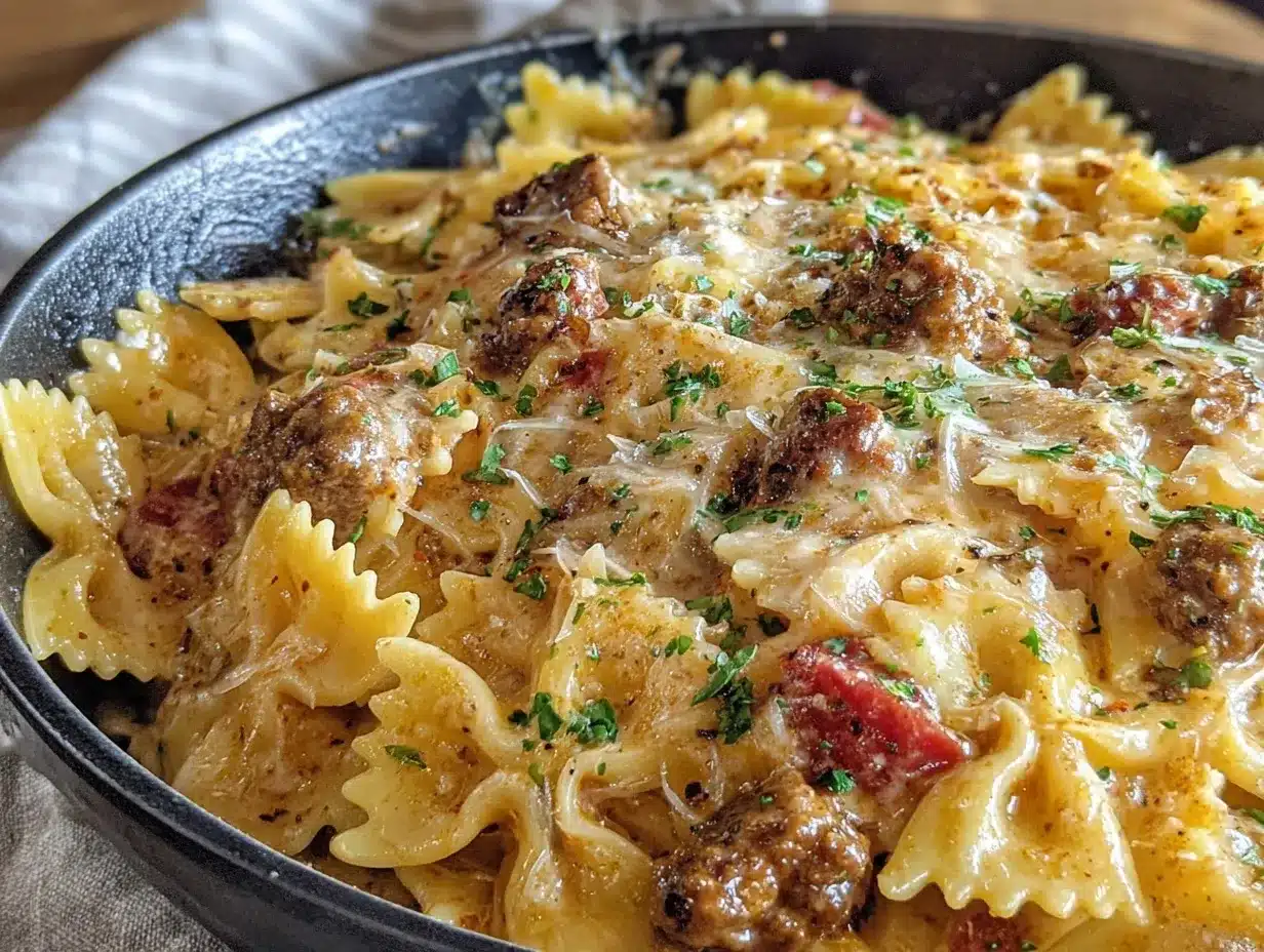 Cajun One-Skillet Beef Alfredo Bowties preparation steps