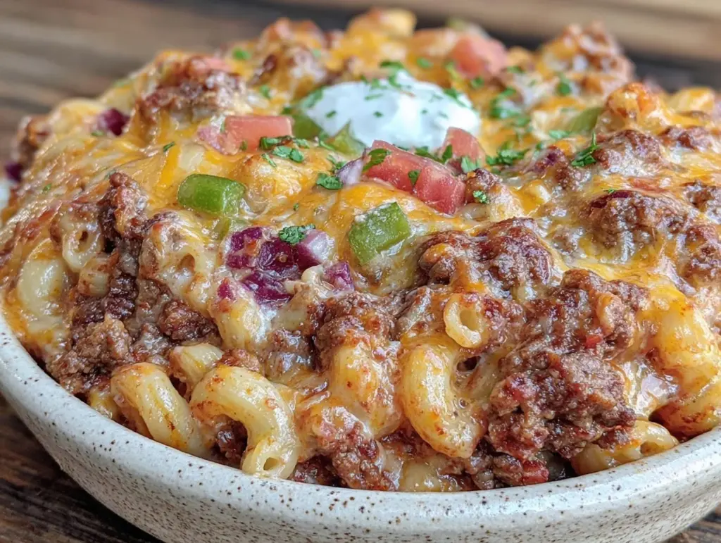cheesy taco mac casserole dinner - featured image
