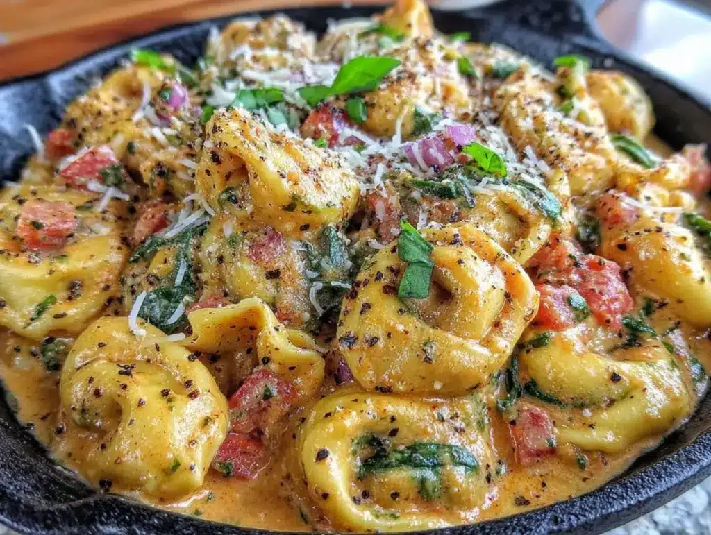 creamy spinach tomato tortellini pasta - featured image