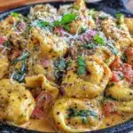 creamy spinach tomato tortellini pasta - featured image