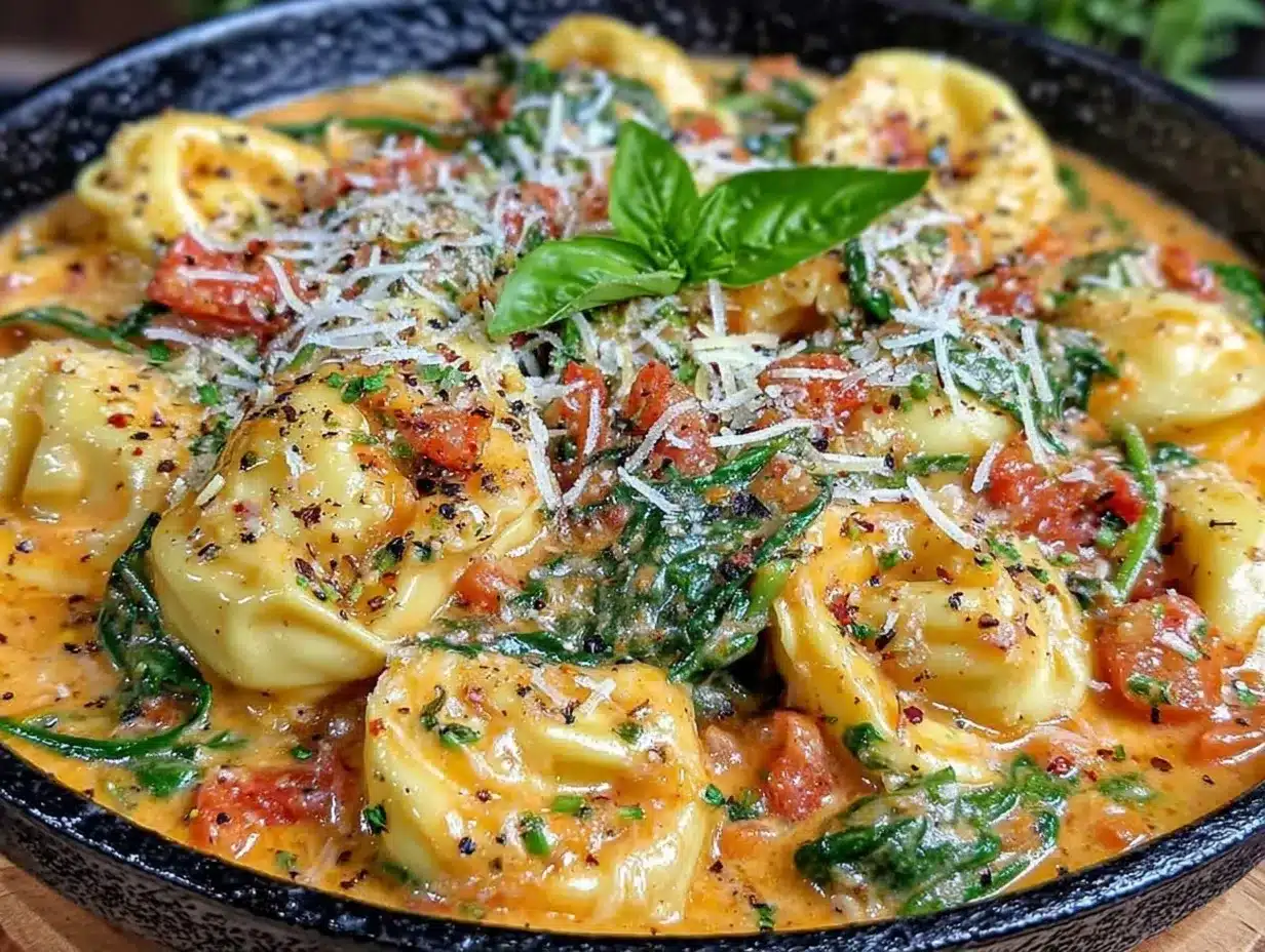 creamy spinach tomato tortellini pasta preparation steps