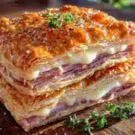 crispy ham and cheese puff pastry stacks - featured image